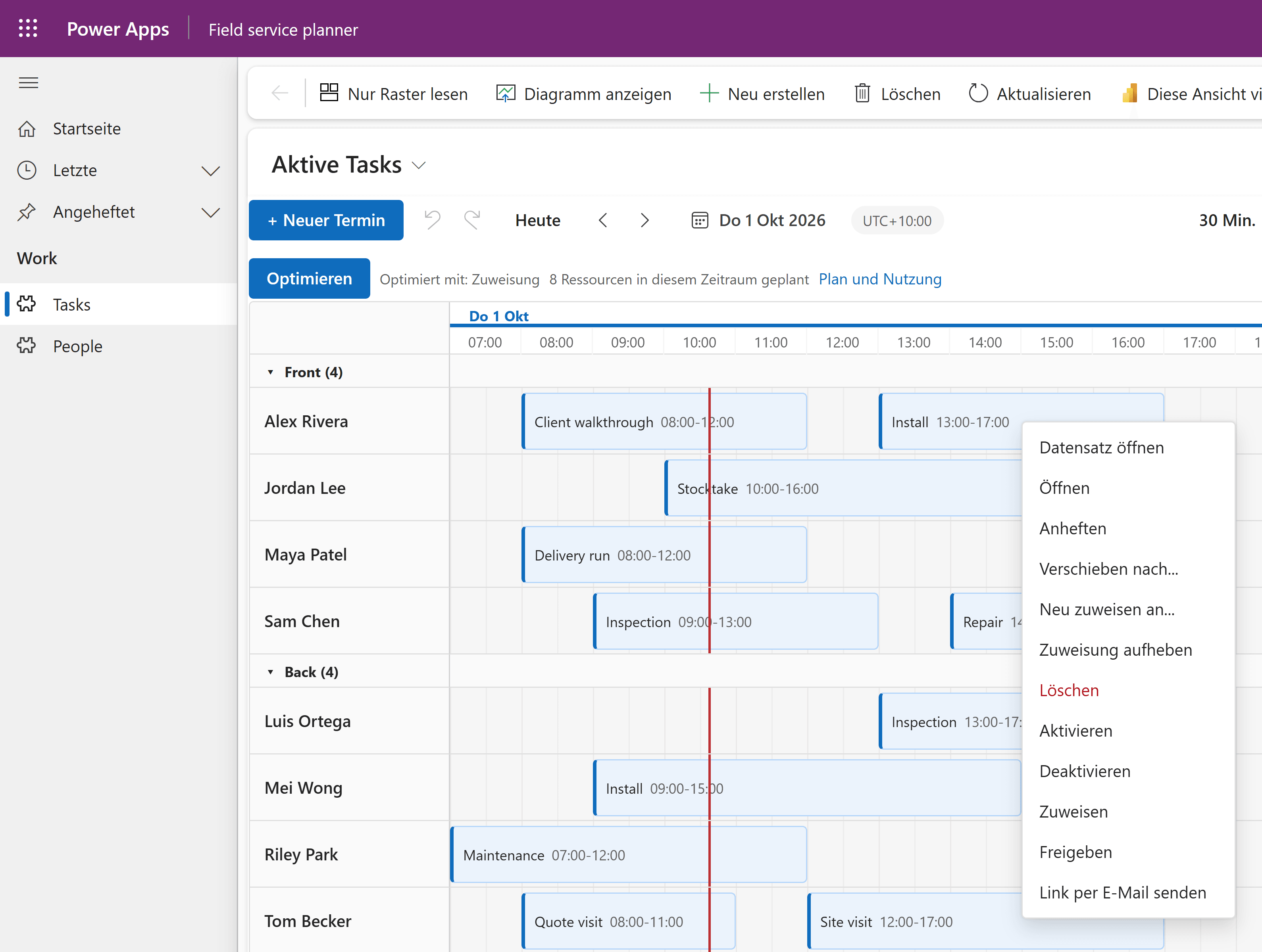 Chrona Scheduler in Power Apps in German: Neuer Termin, Heute, Optimieren and the right-click menu with Datensatz öffnen, Verschieben nach and Neu zuweisen an