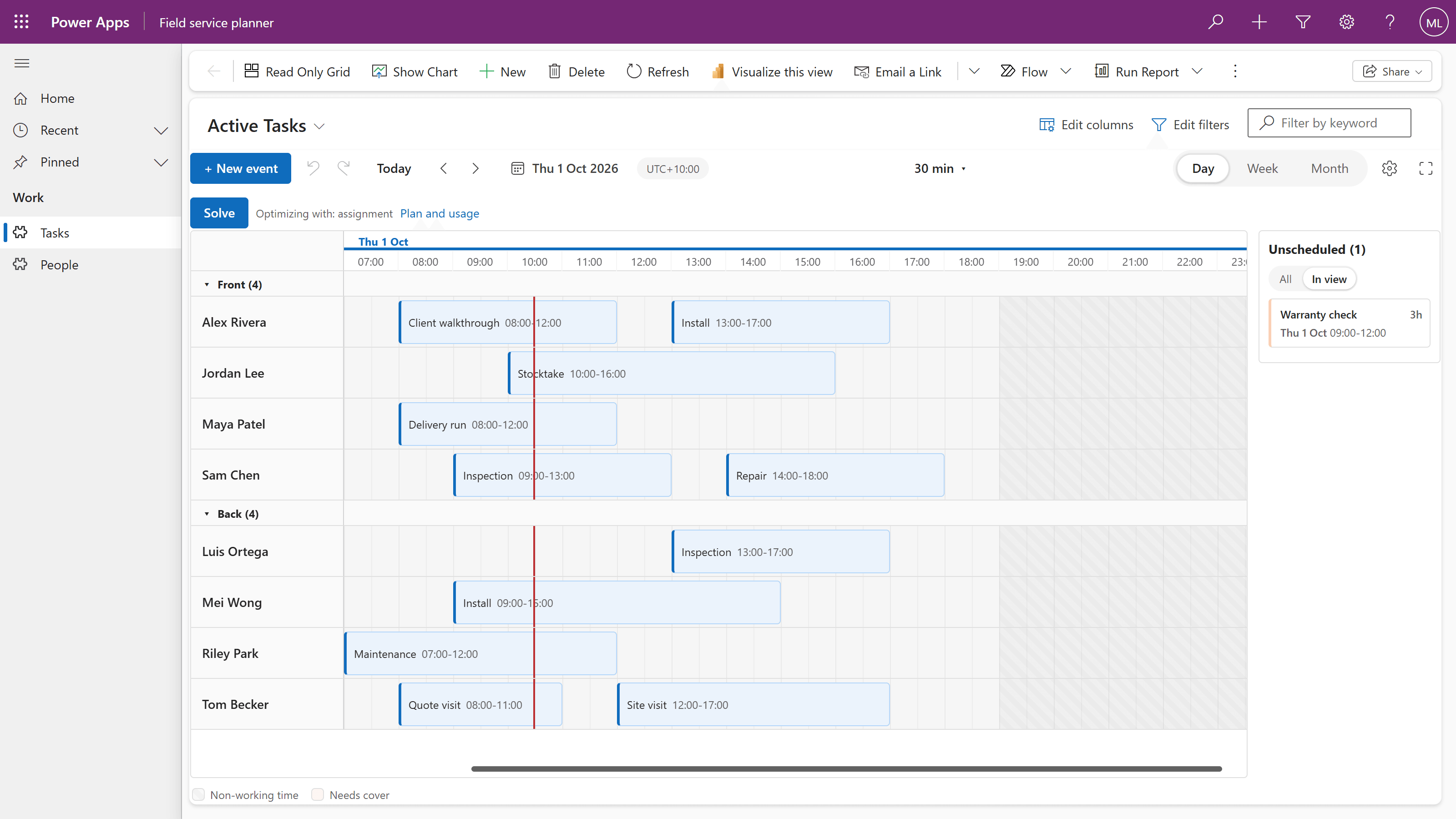 The Chrona Scheduler board in Power Apps: jobs as bars in team lanes on a day timeline, and open work in the unscheduled panel