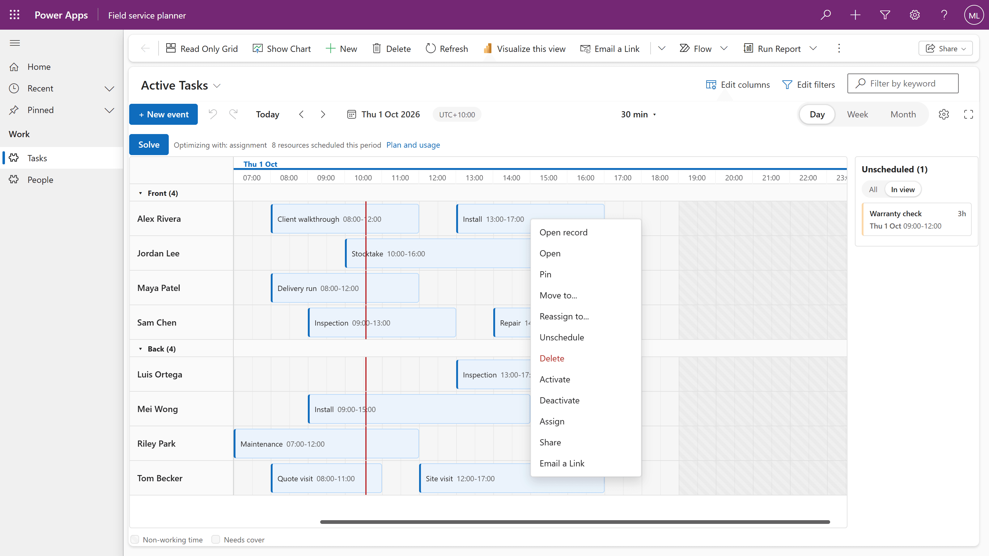Right-click on a job in Power Apps: Open record, Pin, Move to, Reassign to and Unschedule beside the app’s own Activate, Assign, Share and Email a Link