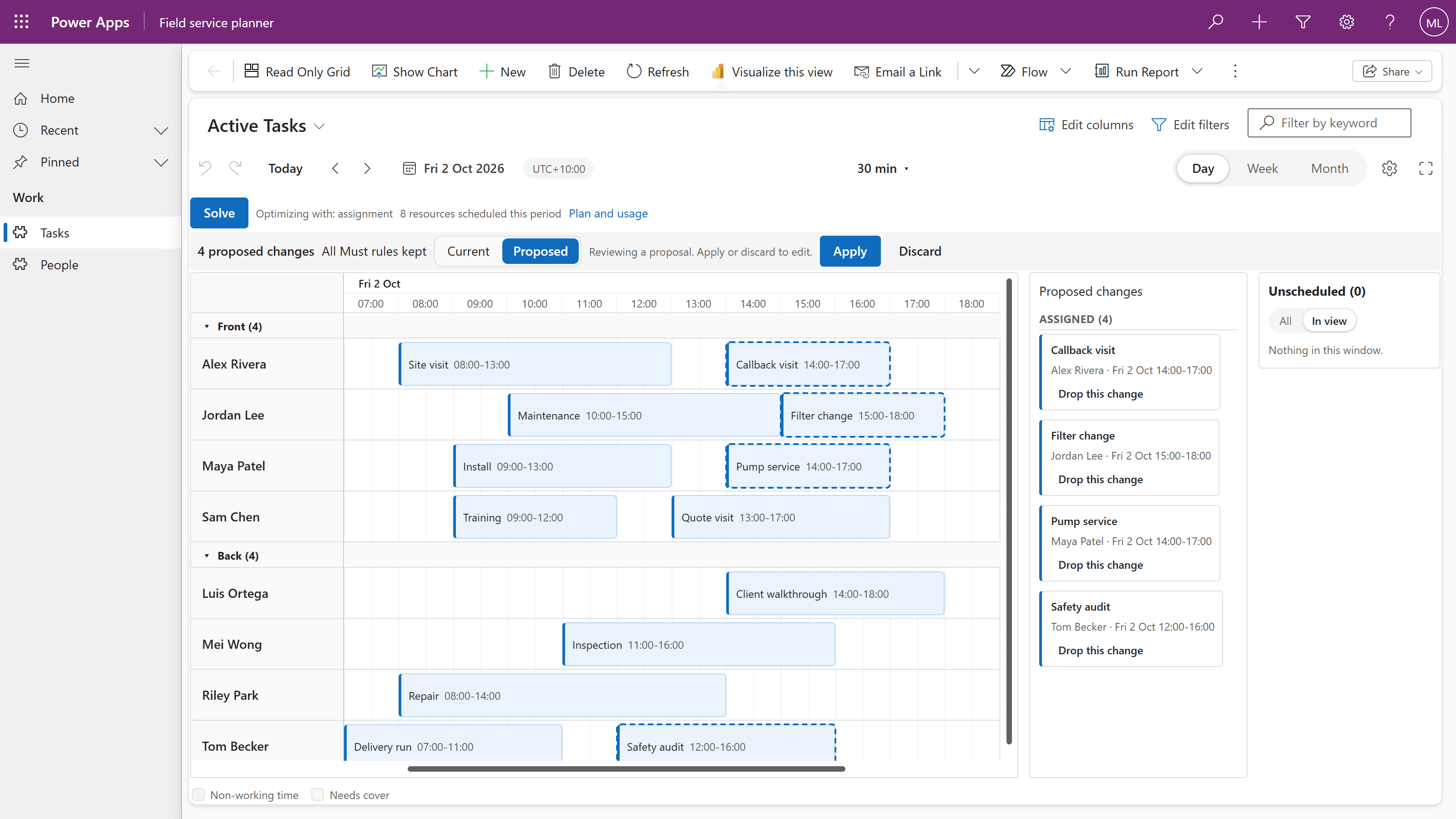 Reviewing a proposal in Power Apps: four proposed assignments with dashed outlines, the Current and Proposed switch, Apply, Discard and the change list