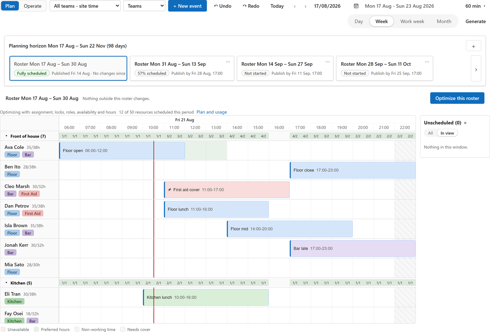 The Chrona Workforce Scheduler board in Plan mode: roster periods across the planning horizon, the coverage strip for each team, each person’s hours against capacity, and Optimize this roster