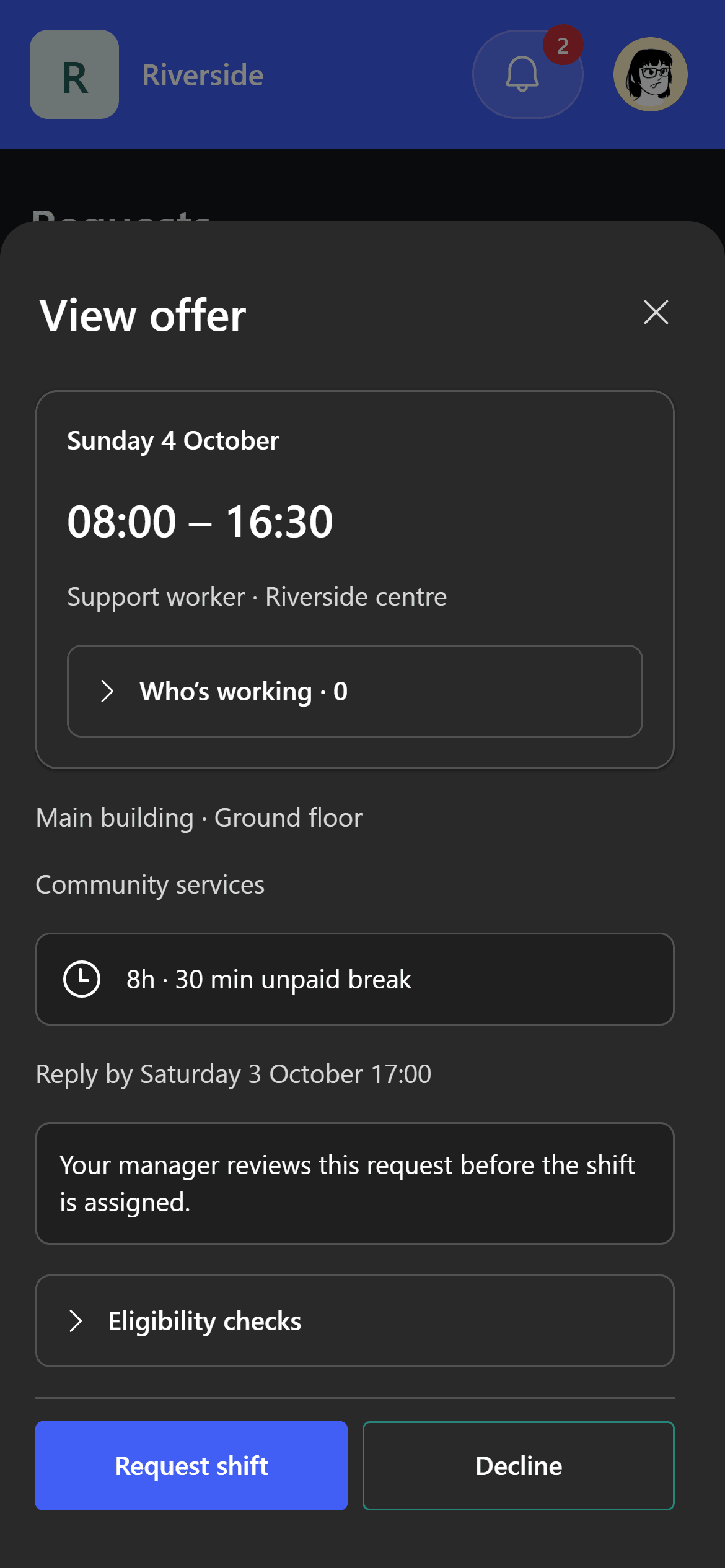 Chrona Workforce Mobile in dark mode, an open shift offer: Sunday 4 October, 08:00 to 16:30, eligibility checks and Request shift