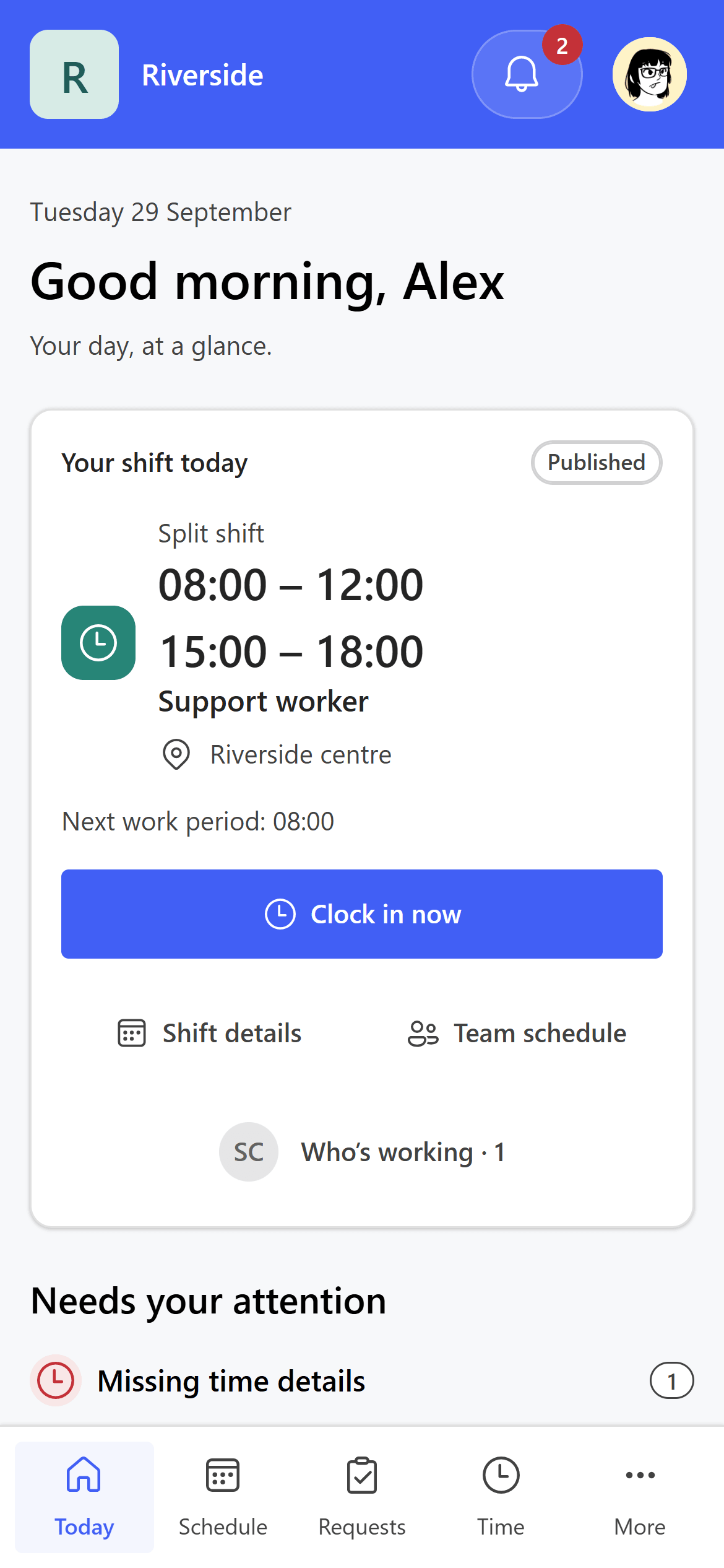 Chrona Workforce Mobile, Today: the day's published split shift at Riverside centre, Clock in now, shift details and the team schedule