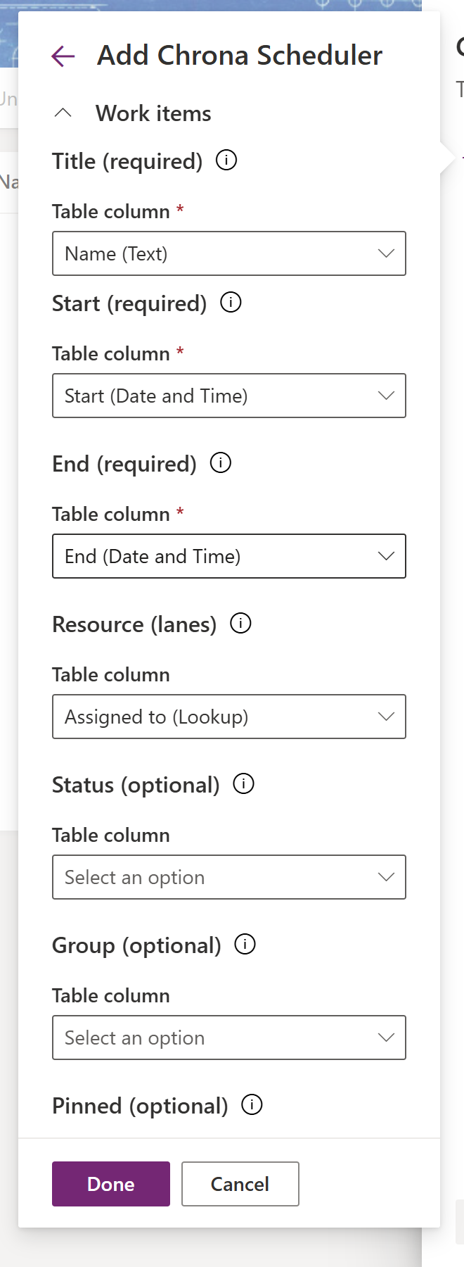 The property pane in the view designer: Title, Start and End required, Resource for lanes, the rest optional
