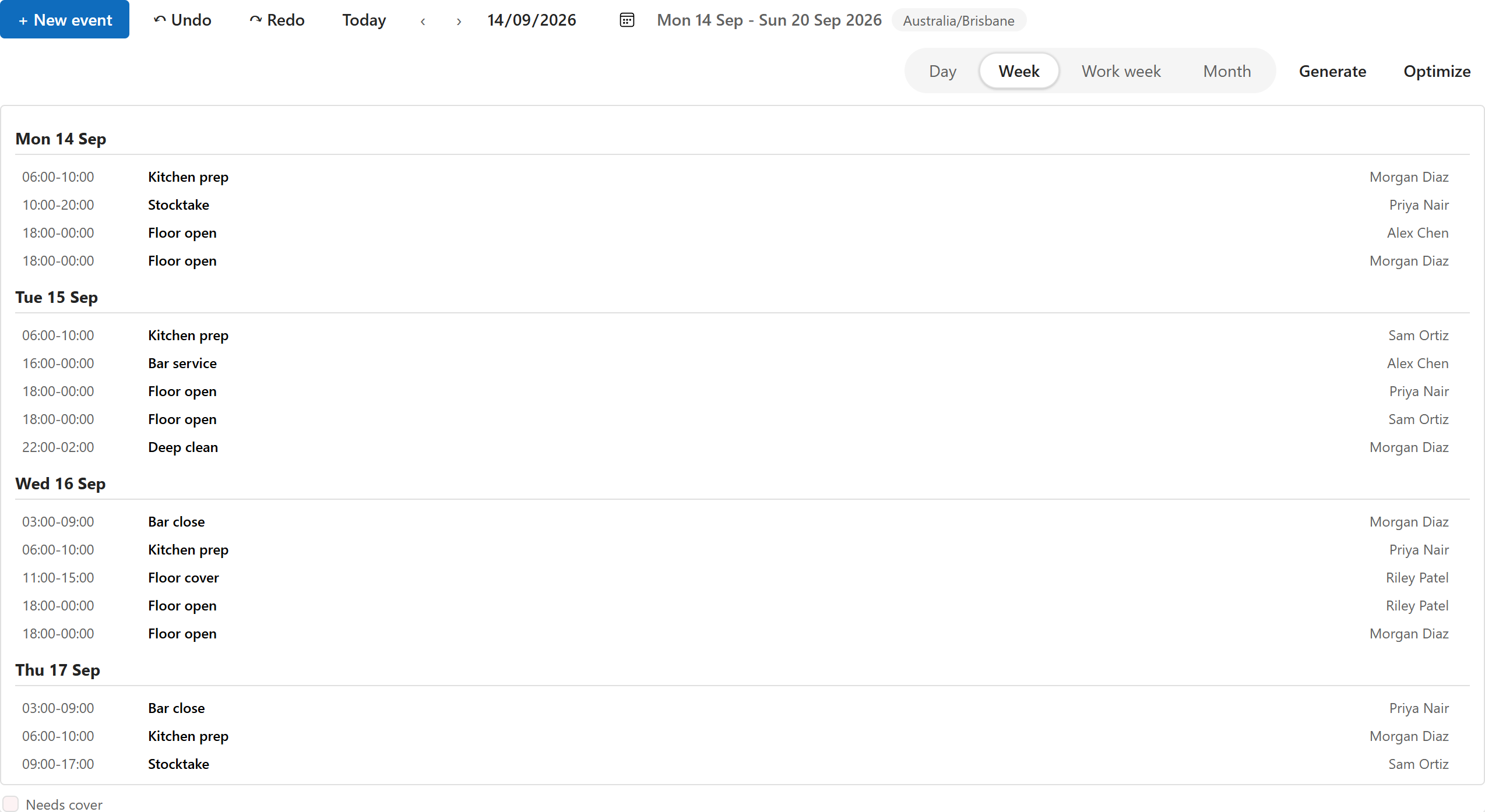 The agenda layout: the shifts listed by day with time, title and person