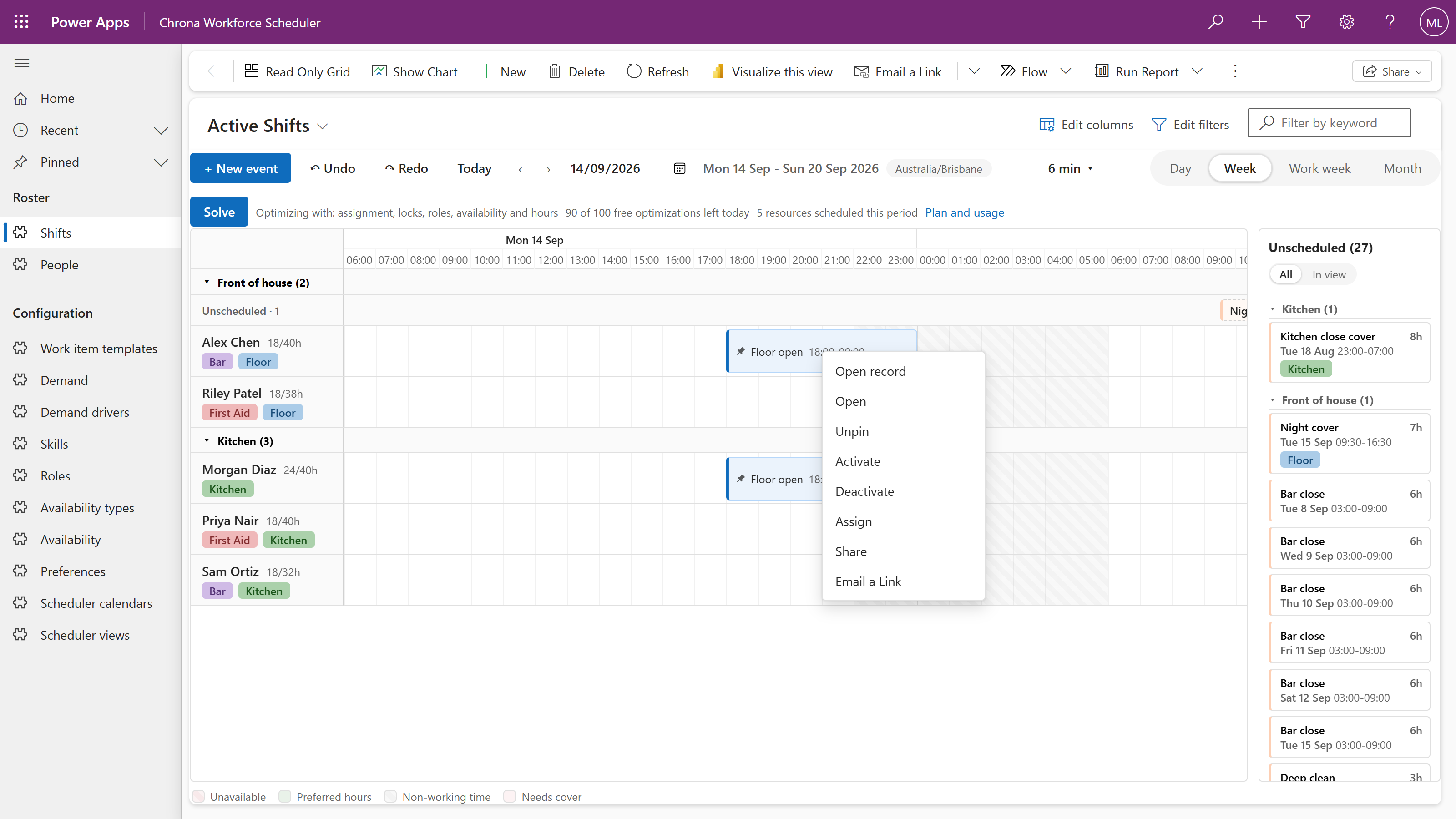 Right-click on a shift: Open record, Chrona’s actions and the app’s own commands