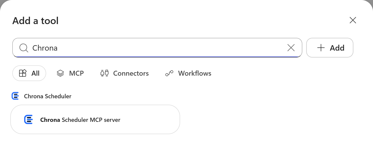 The Add a tool dialog in Copilot Studio with Chrona typed, showing Chrona Scheduler MCP server.